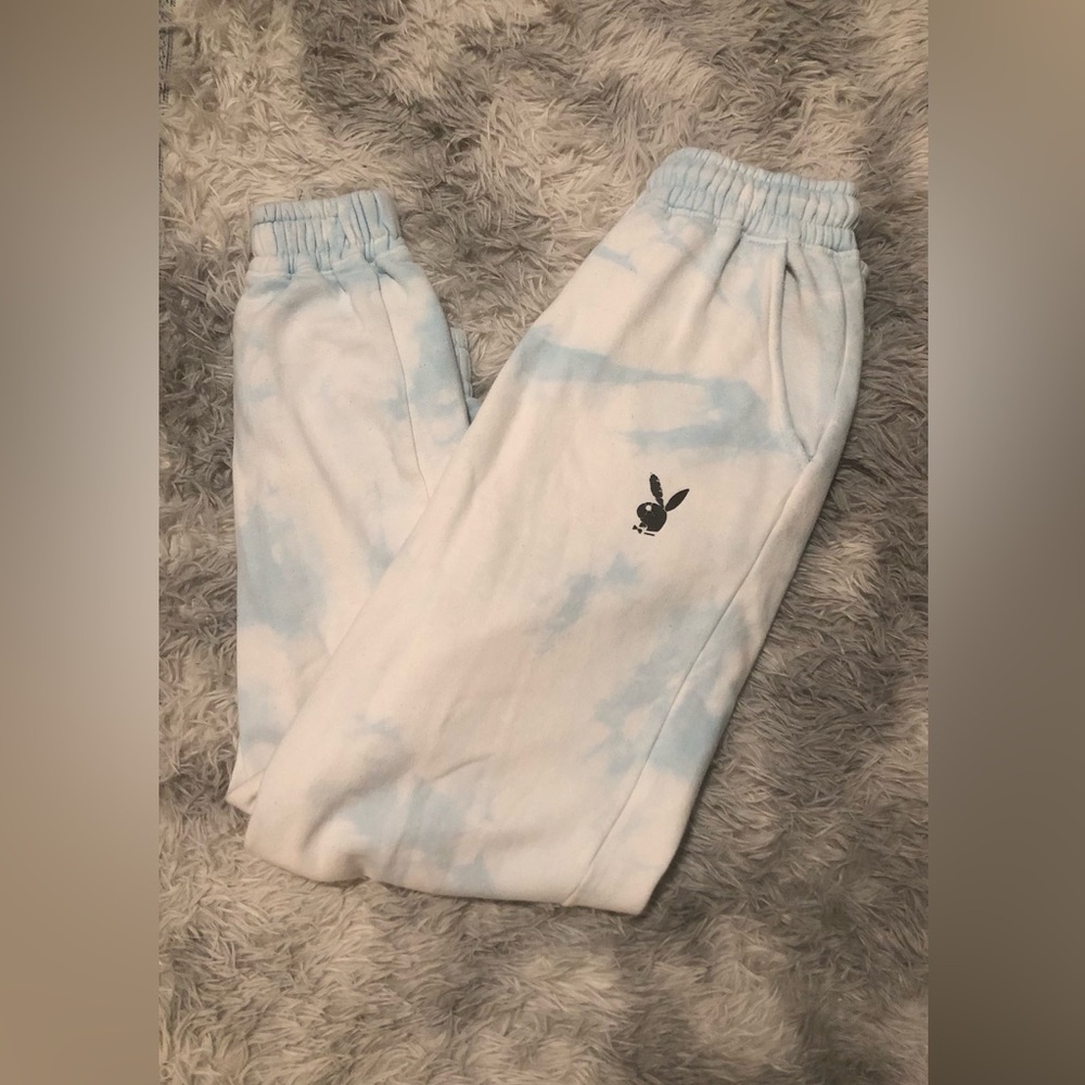 PLAYBOY Light Blue & White Tie-Dye Joggers with Bunny Logo